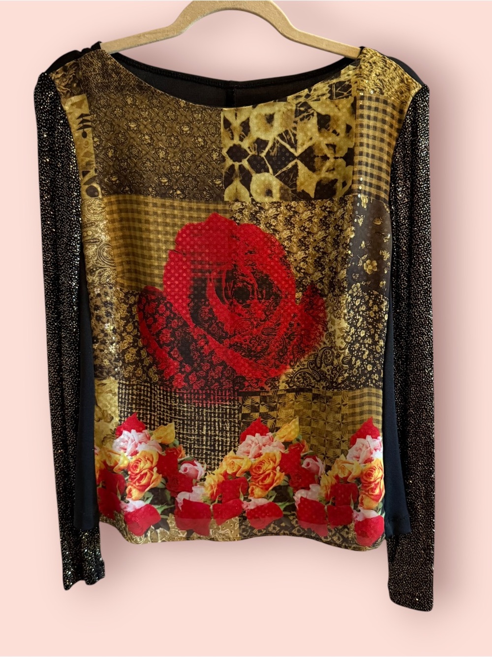 Vintage Y2K John Roberts Rose Floral Patchwork Metallic Sequin Top
